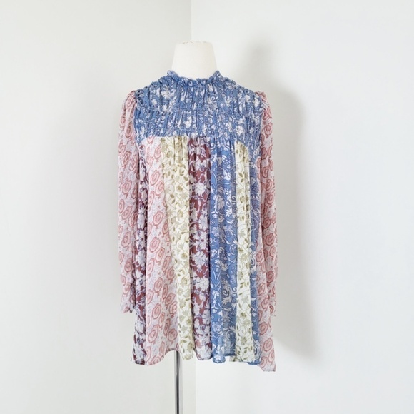 Free People Merrie Mix Floral Print Smocked Chiffon Tunic Rouched Blouse Lilac - Picture 3 of 16